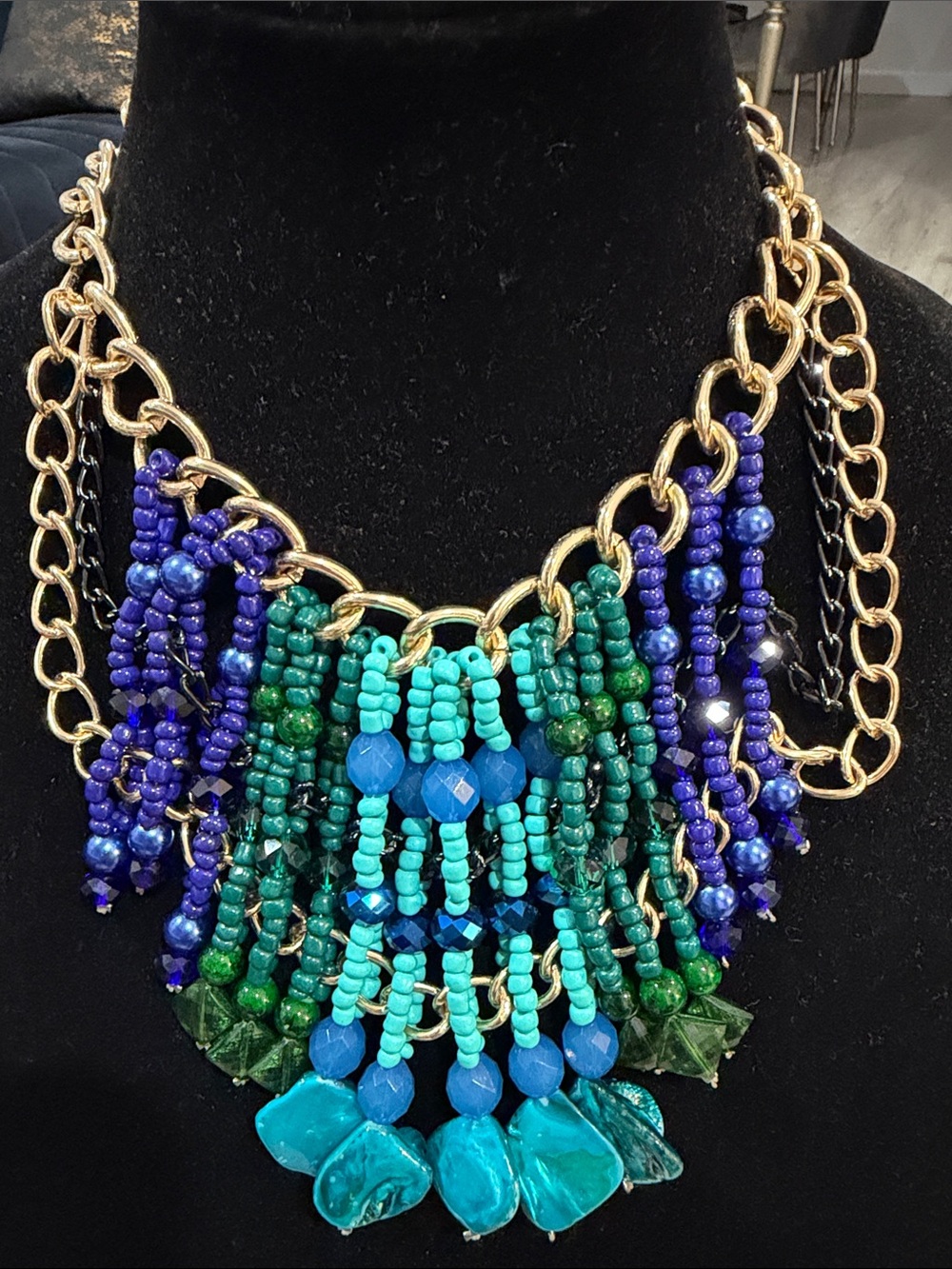 Bold Multicolor Beaded Statement Necklace - Gold Chain